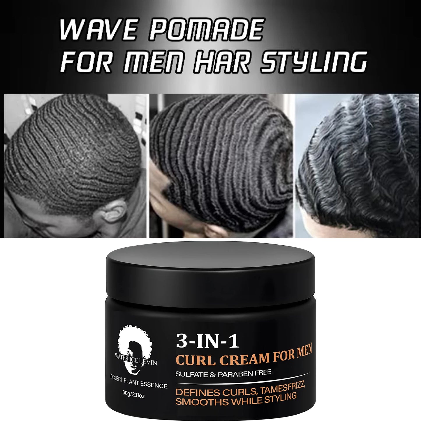 3-in-1 Curl Cream for Men, Sulfate & Paraben Free, Defines Curls & Tames Frizz, Smooth Styling Cream.